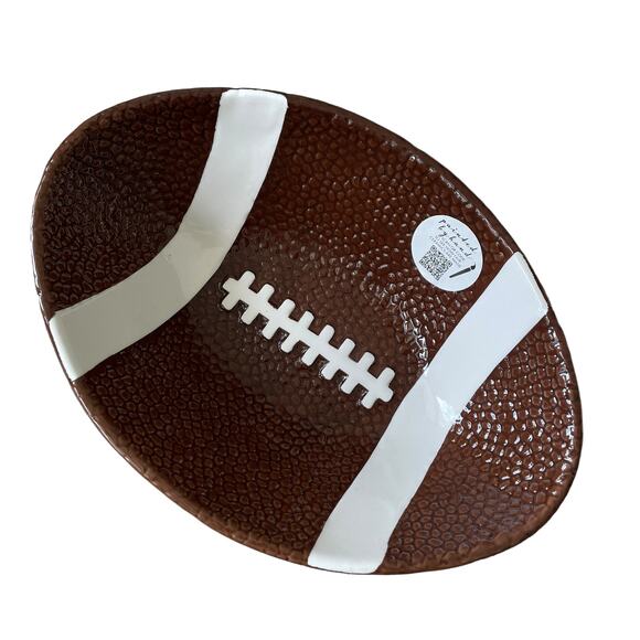 LANG Hand Painted Ceramic FOOTBALL Shaped Serving Bowl Brown White Decor NEW - Picture 12 of 14